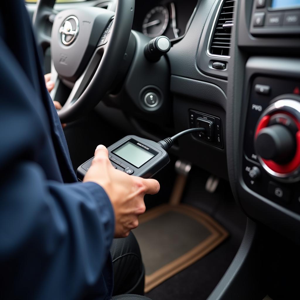 Mechanic using a diagnostic car scanner