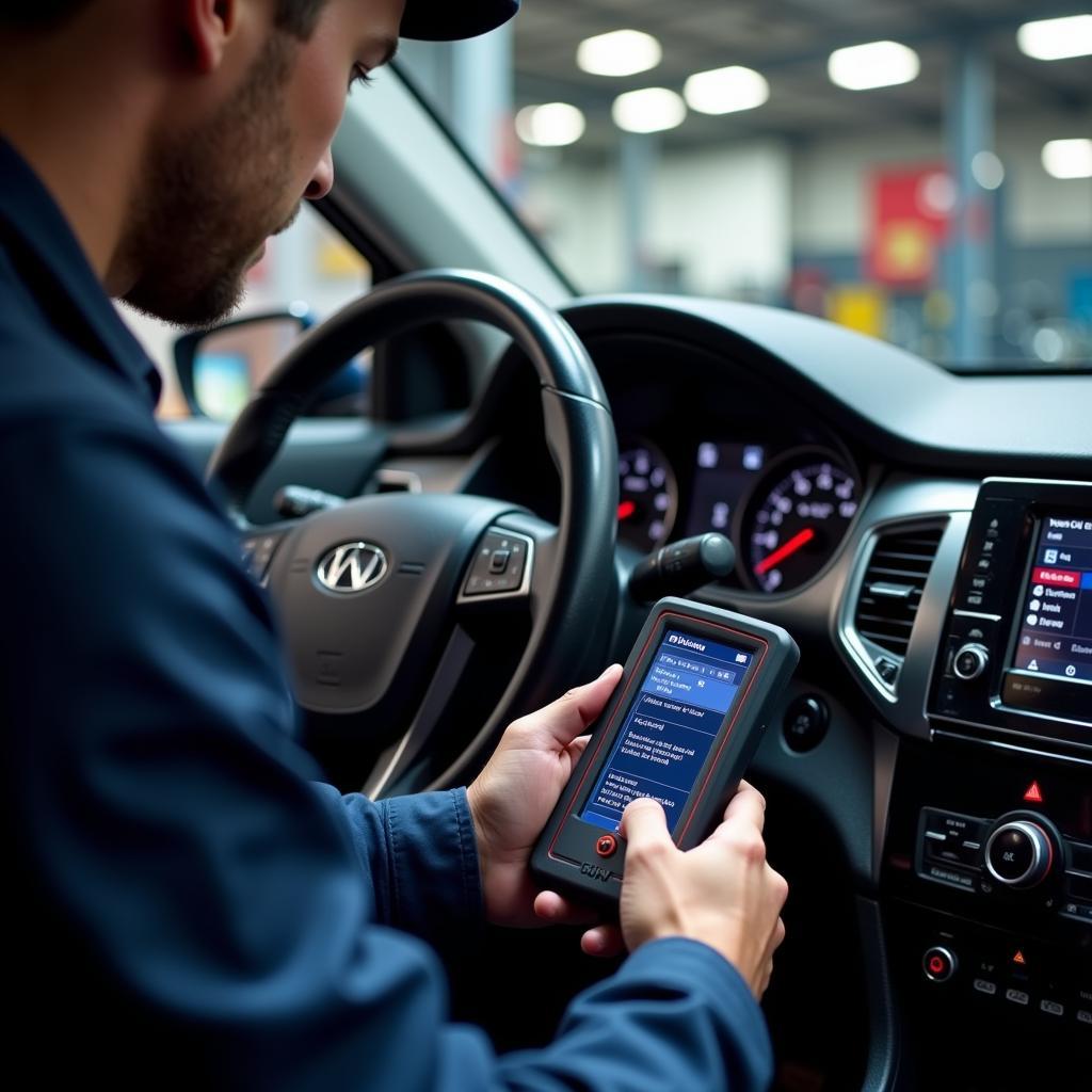 Mechanic using a diagnostic car scanner kit to diagnose a car problem