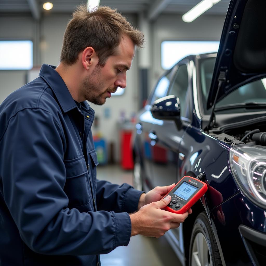 Mechanic connecting diagnostic equipment to a car