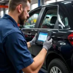 Mechanic using diagnostic equipment on a car in Belfast