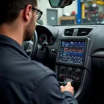 Mechanic using a diagnostic car testing machine