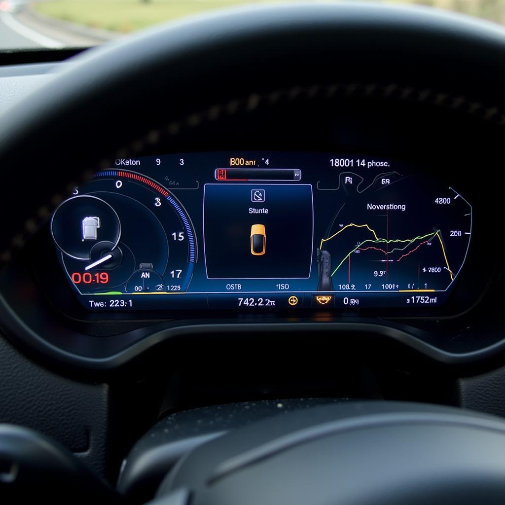 Close-up of a diagnostic car tool displaying engine data