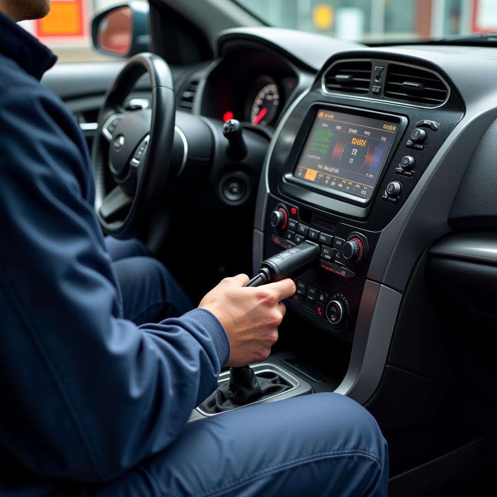 Mechanic using a diagnostic computer on a car