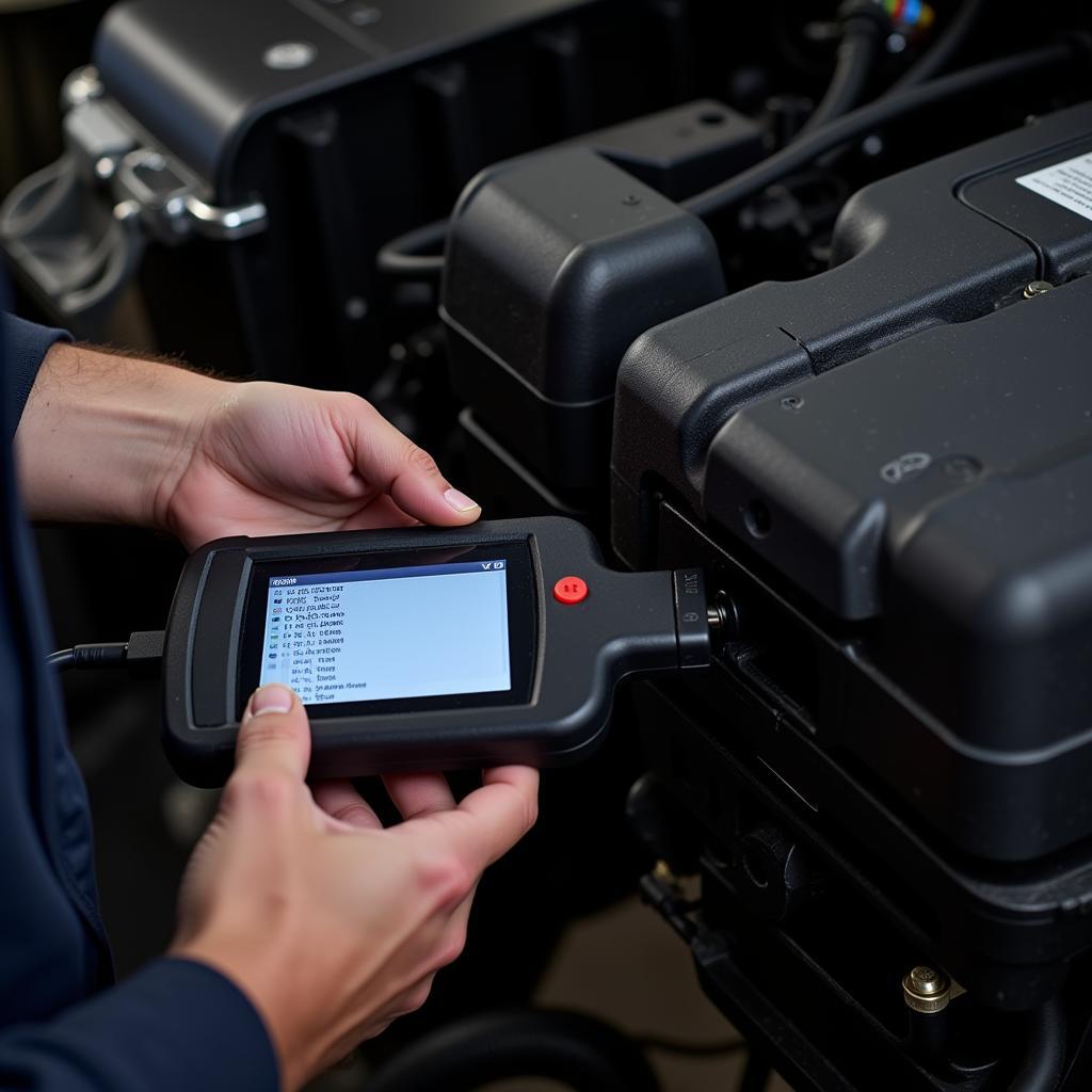 Mechanic Using a Diagnostic Device to Read Codes