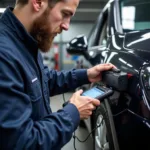 Mechanic using advanced diagnostic equipment