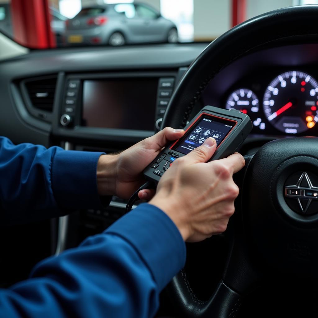 Mechanic connecting diagnostic equipment to a car in Skelton