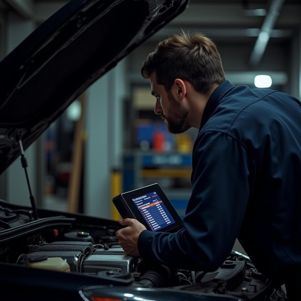 Mechanic using a diagnostic monitor to read car codes