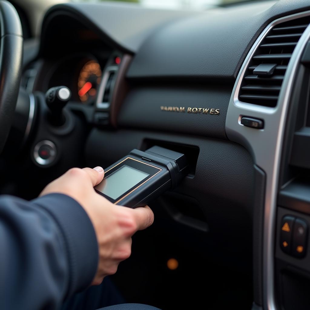 Mechanic connecting a diagnostic reader car to a vehicle's OBD2 port