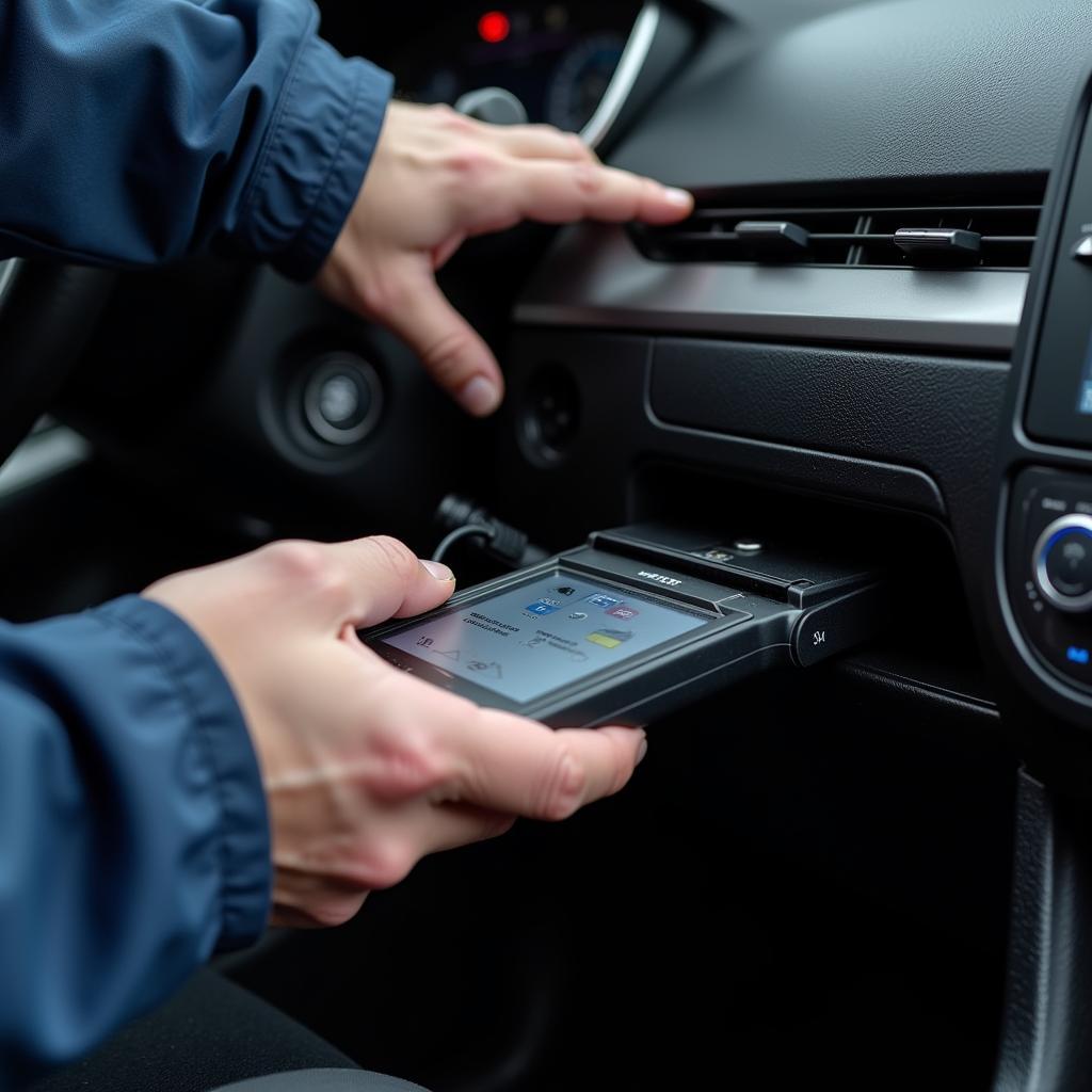 Mechanic using a diagnostic scan tool connected to a car's OBD-II port