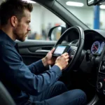 Mechanic connecting a diagnostic scanner to a car's OBD-II port