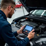 Mechanic Using a Diagnostic Scanner on a Car