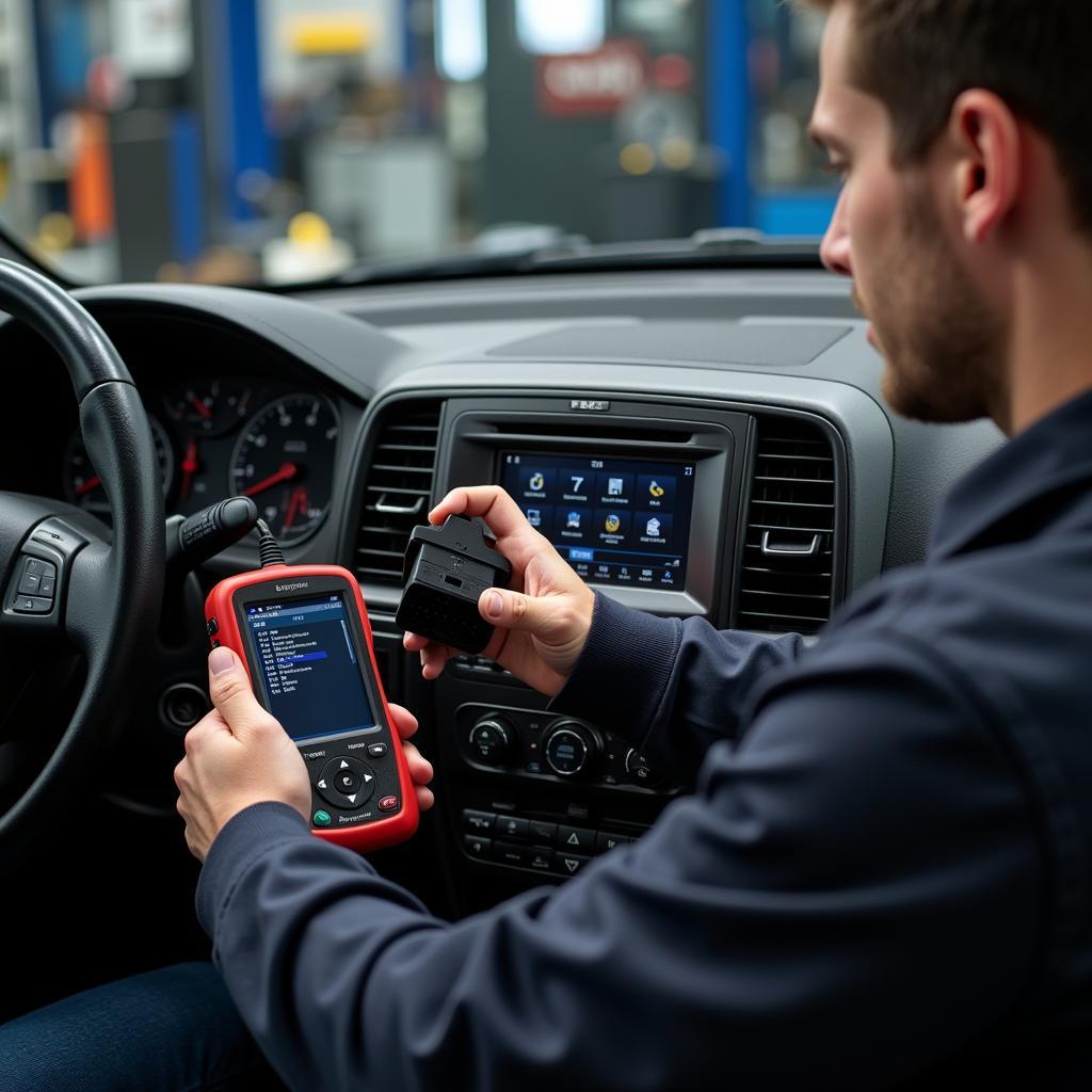 Mechanic using a diagnostic scanner to read car codes