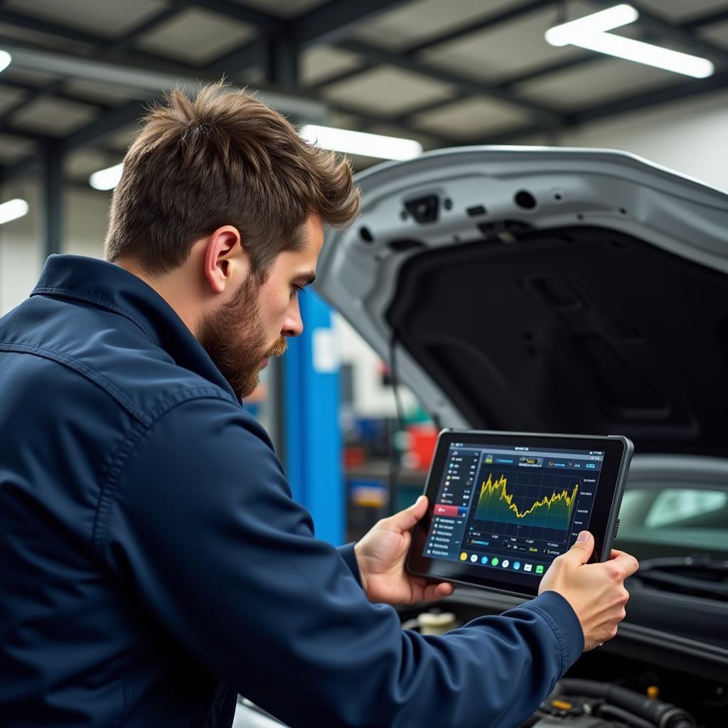 Mechanic using a diagnostic tablet car scanner to diagnose a car engine problem