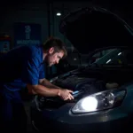 Mechanic using a diagnostic test car kit on a vehicle