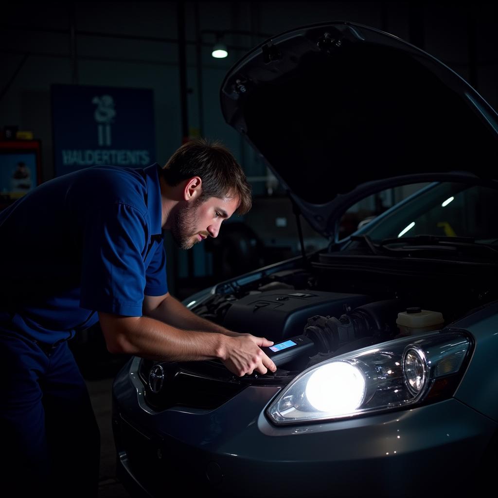 Mechanic using a diagnostic test car kit on a vehicle