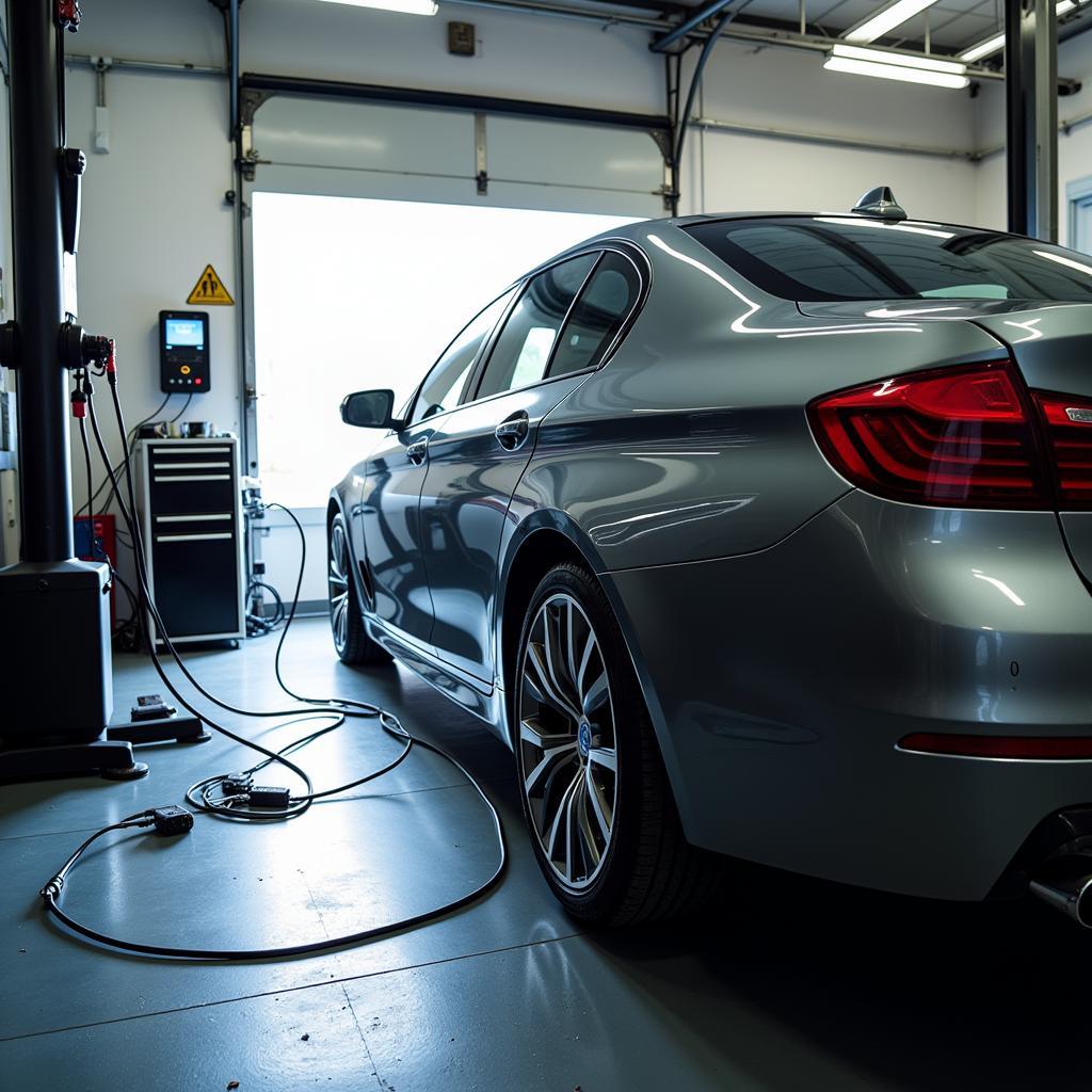 Car undergoing a diagnostic test in a Twickenham garage