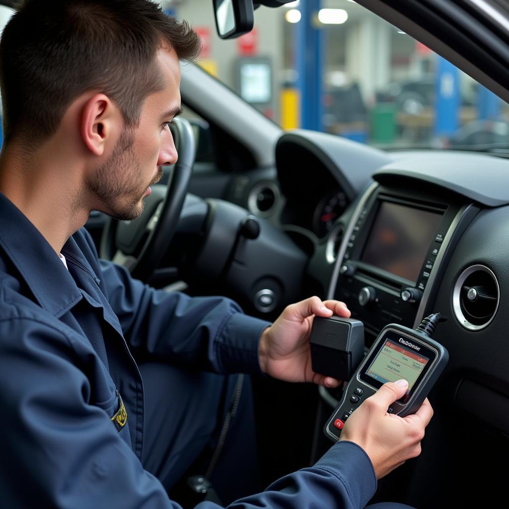 Mechanic using diagnostic test equipment on a car in a garage