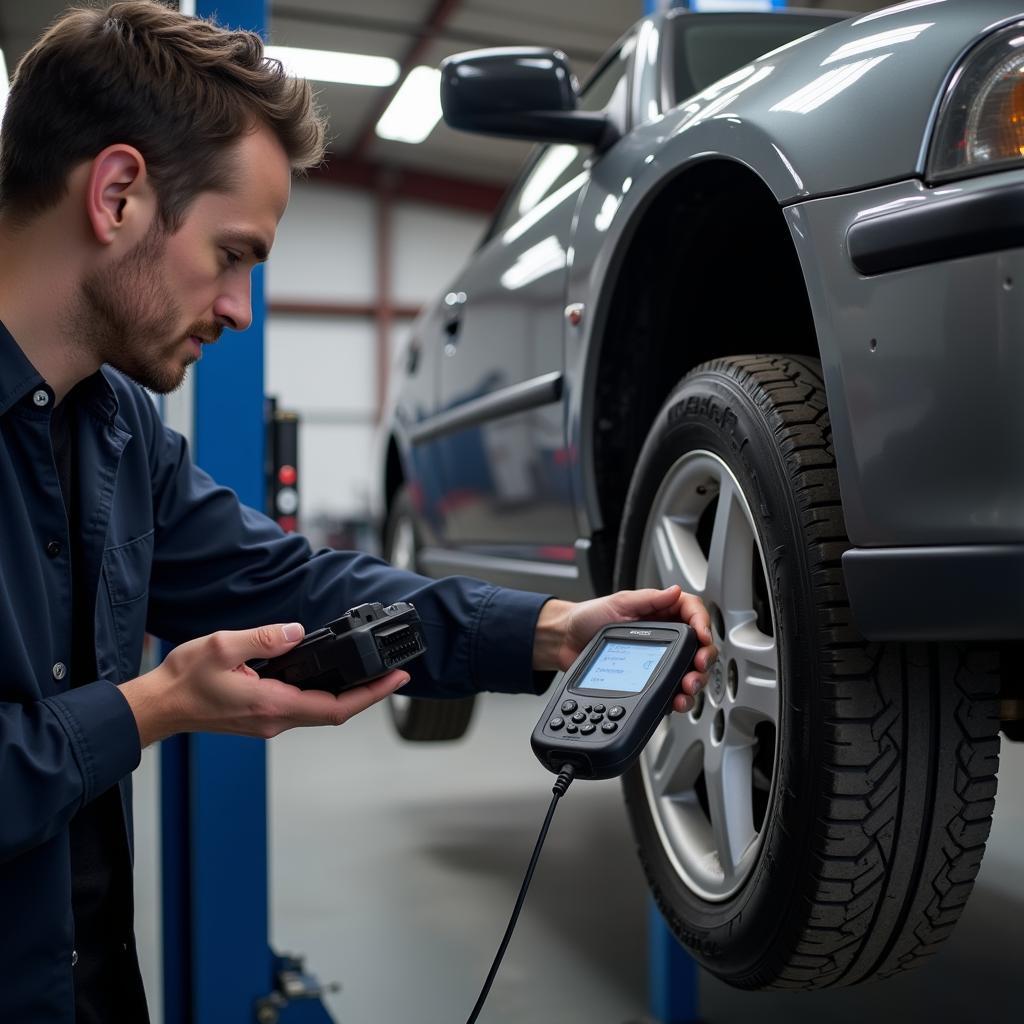 Mechanic connecting a diagnostic tool to a car's OBD-II port