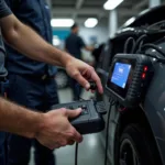 Mechanic using a diagnostic tester on a car engine