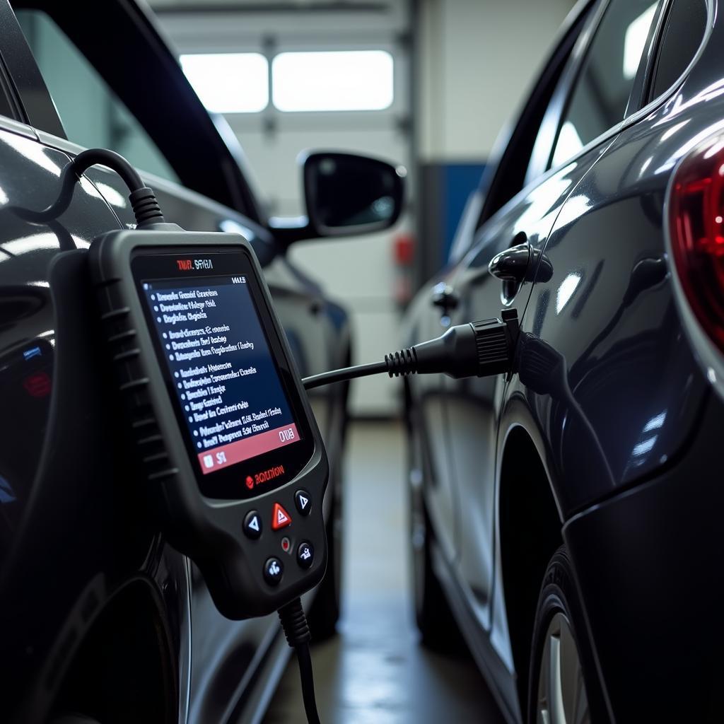 Car Diagnostic Tool Connected to a Car in a UK Garage