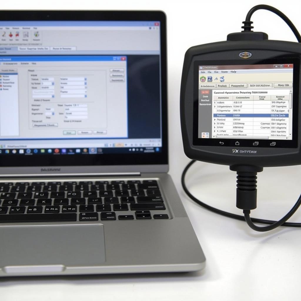 Car diagnostic tool connected to a laptop for software updates