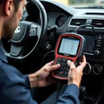 A mechanic using a car diagnostic tool on a Daihatsu Sirion engine