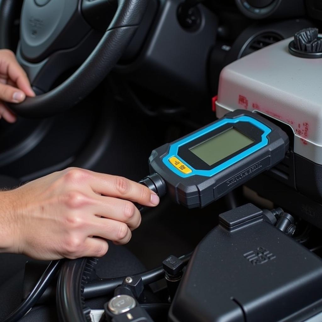 Mechanic using a diagnostic tool on a car