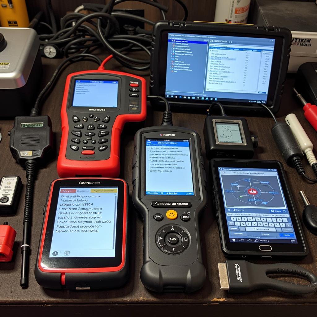 Diagnostic tools for reading car codes displayed on a workbench.