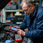 Mechanic using diagnostic tools in a Glasgow garage