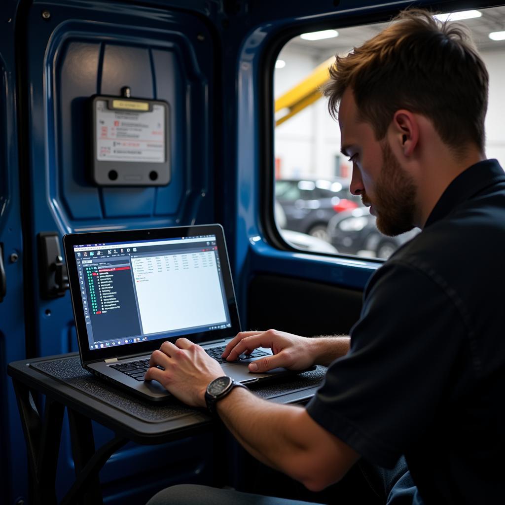 Mechanic clearing fault codes in a diagnostic van