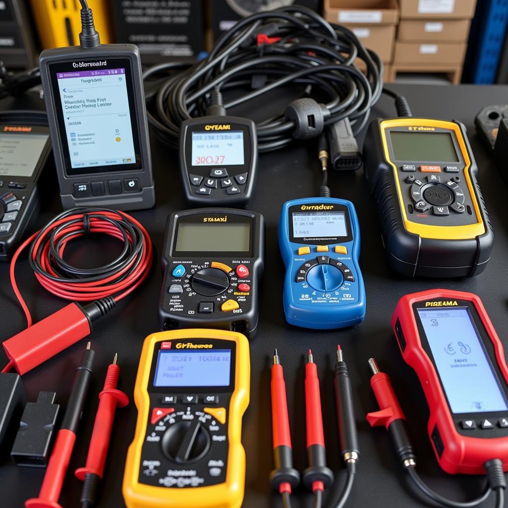 Various Car Diagnostic Tools on a Workbench