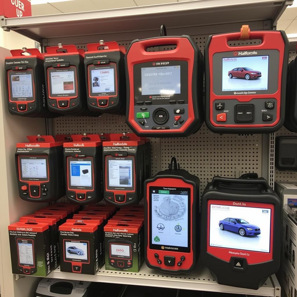 Various car diagnostic kits displayed on a shelf