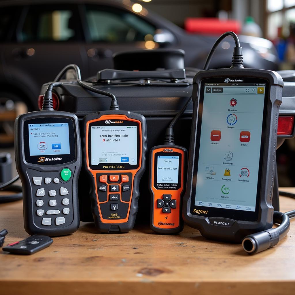 A variety of car diagnostic tools laid out on a workbench.