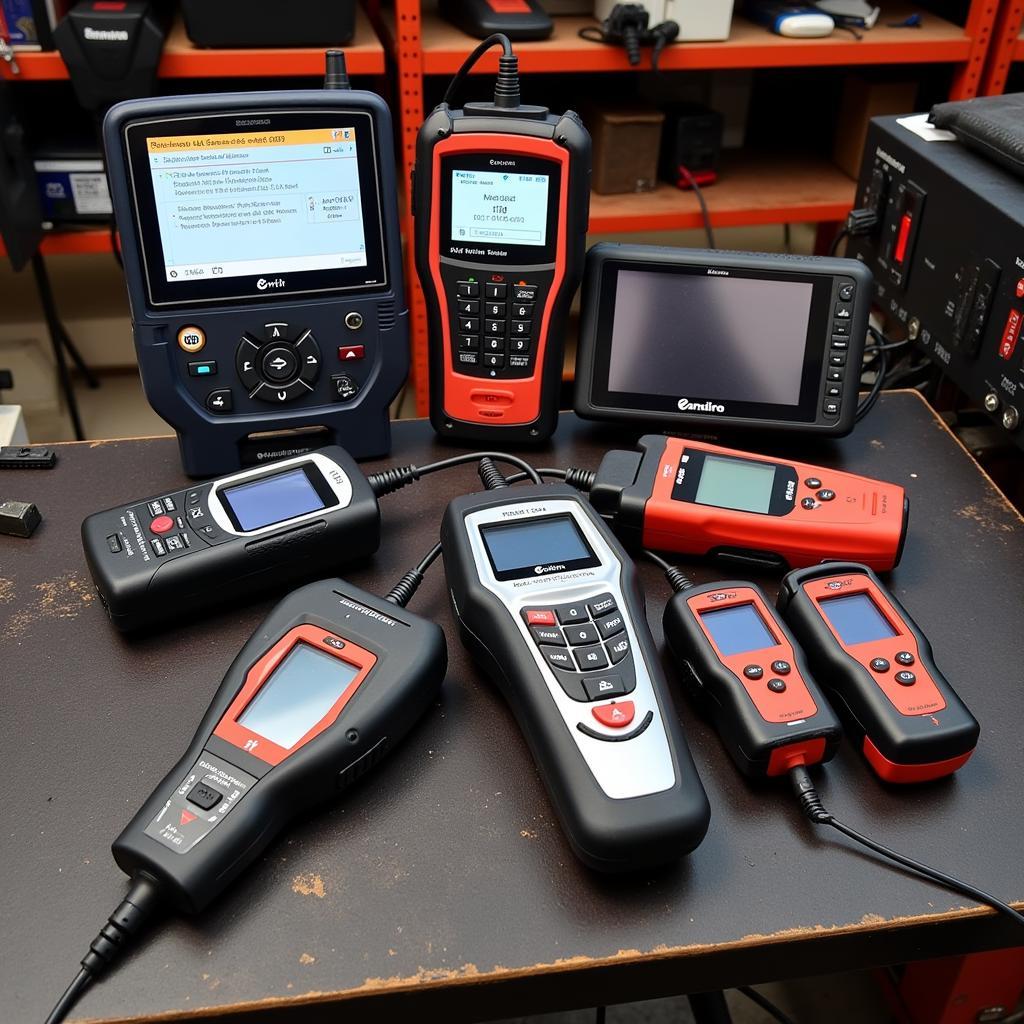 Various car diagnostic scanners displayed on a workbench