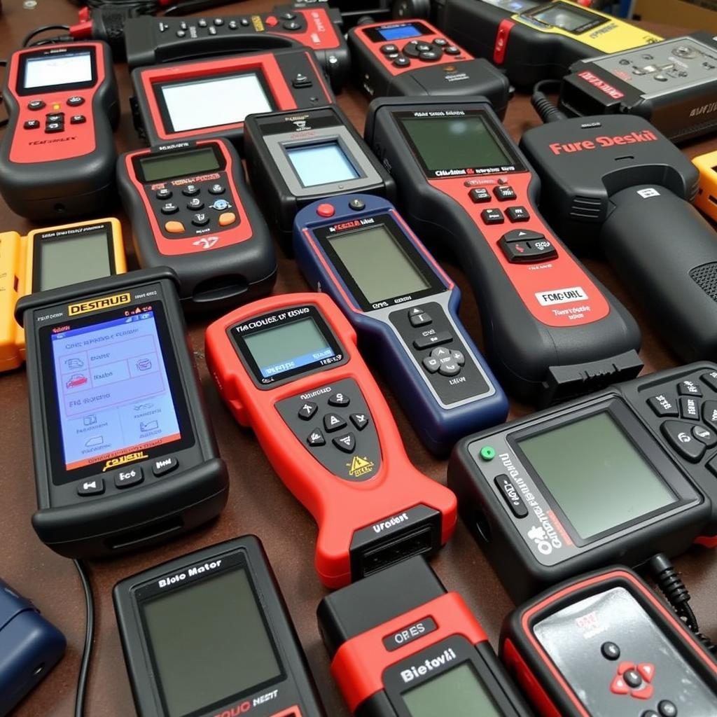 Various car diagnostic scanners laid out on a workbench