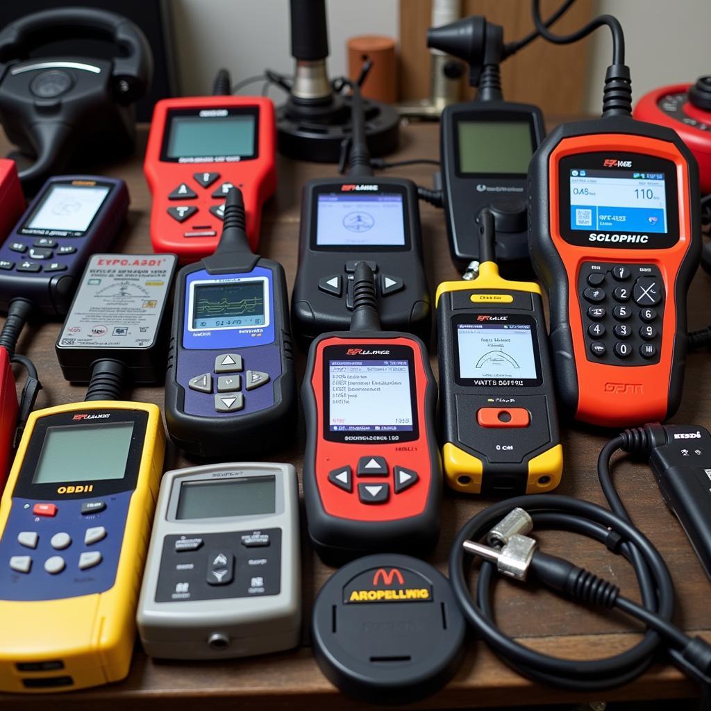 Various car diagnostic tools displayed on a workbench