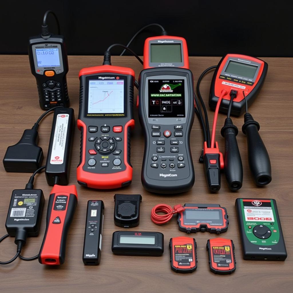 Various Car Diagnostic Tools Displayed on a Workbench