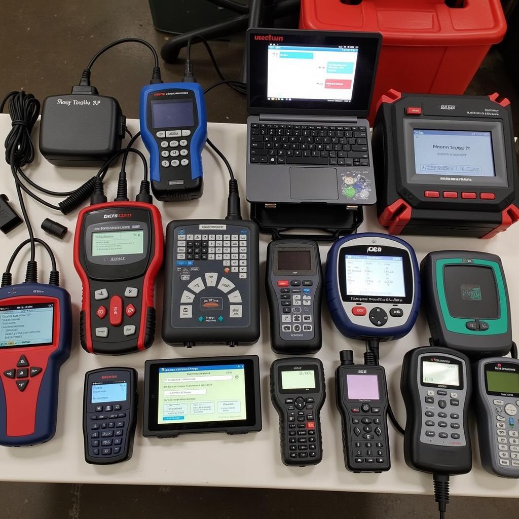 Various car diagnostic tools laid out on a workbench