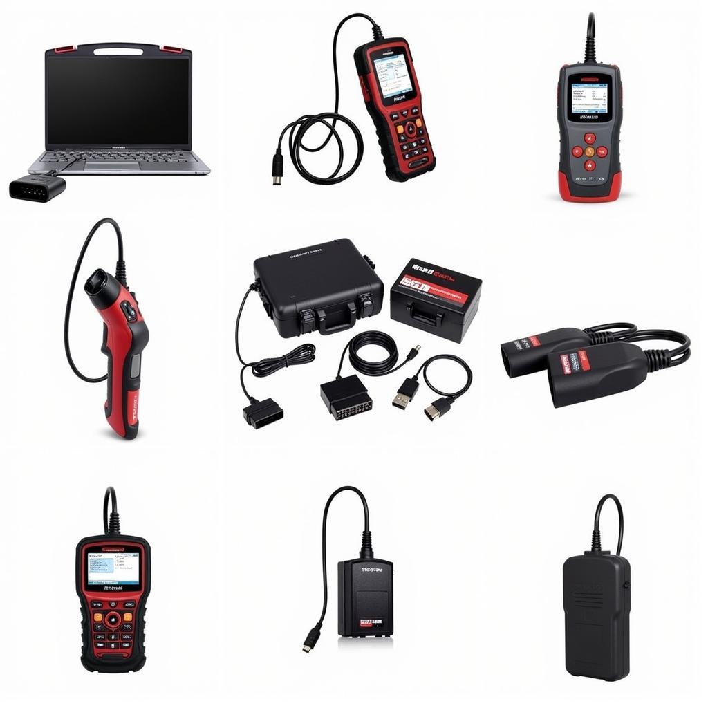 Various car diagnostic tools displayed on a workbench