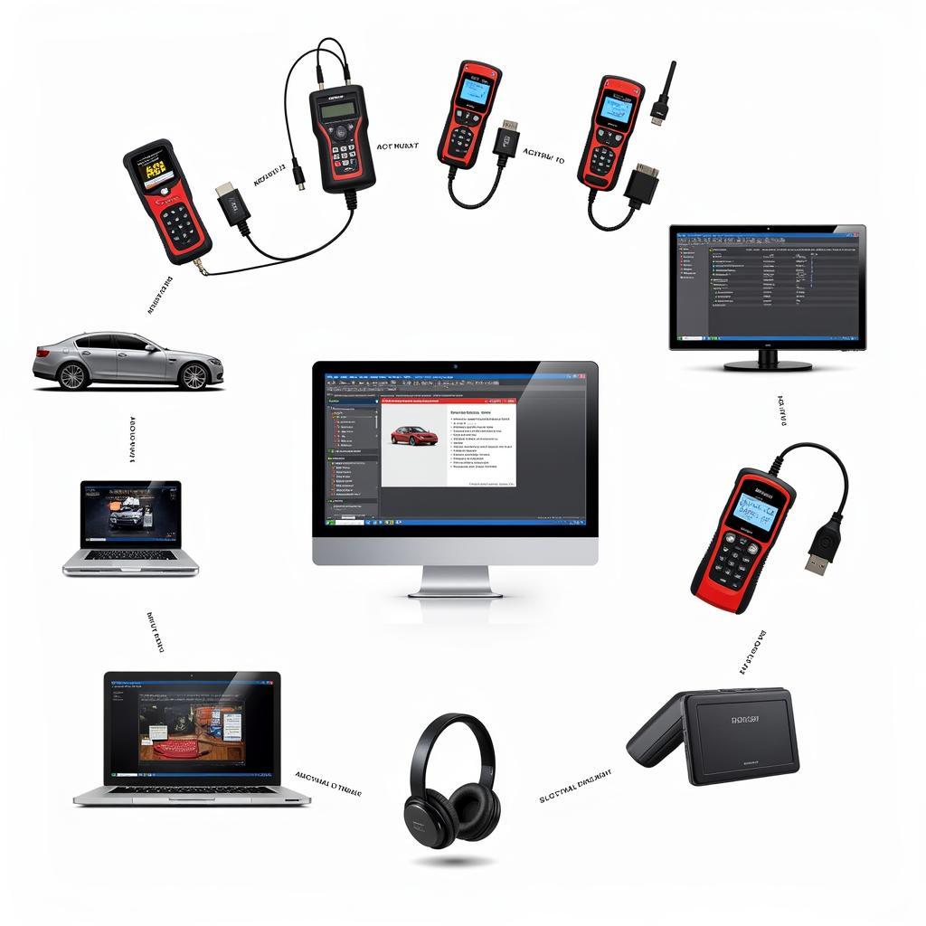 Various car electrical diagnostic tools displayed on a workbench.