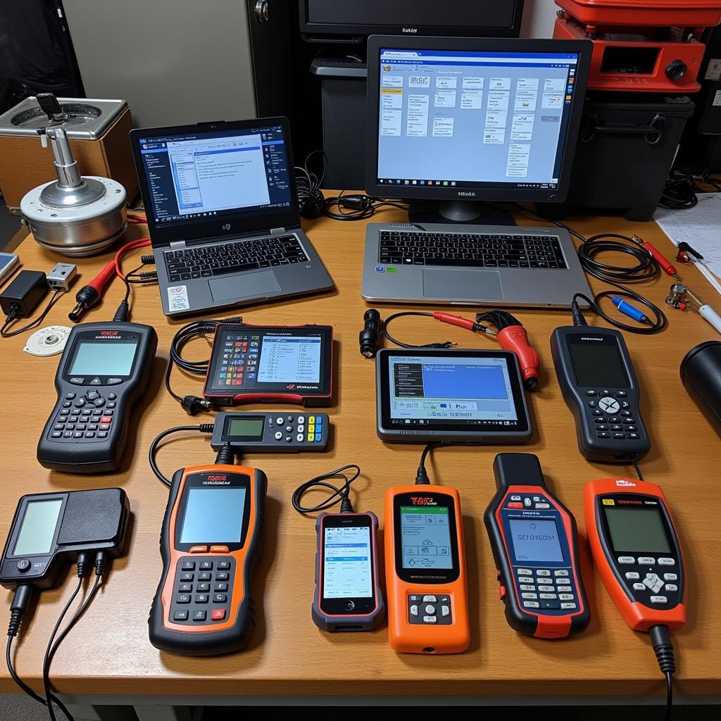 Various club car controller diagnostic tools displayed on a workbench.