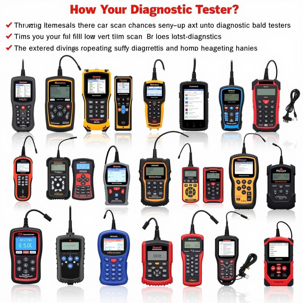 Various types of car diagnostic testers on a workbench