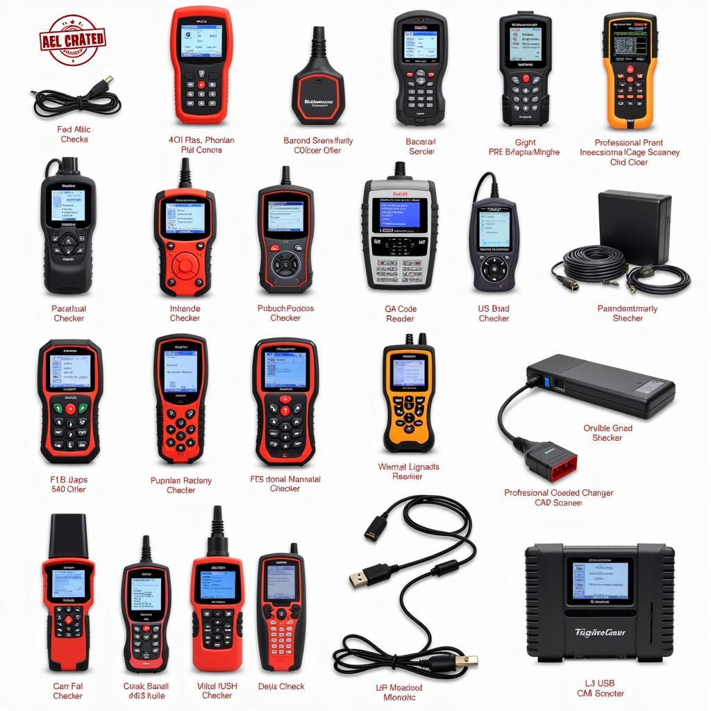 Various car diagnostic tools displayed on a workbench