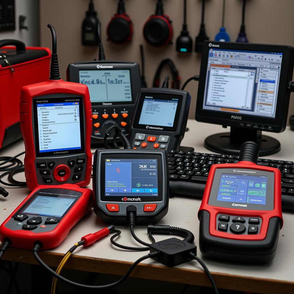 Various car diagnostic scanners on a workbench