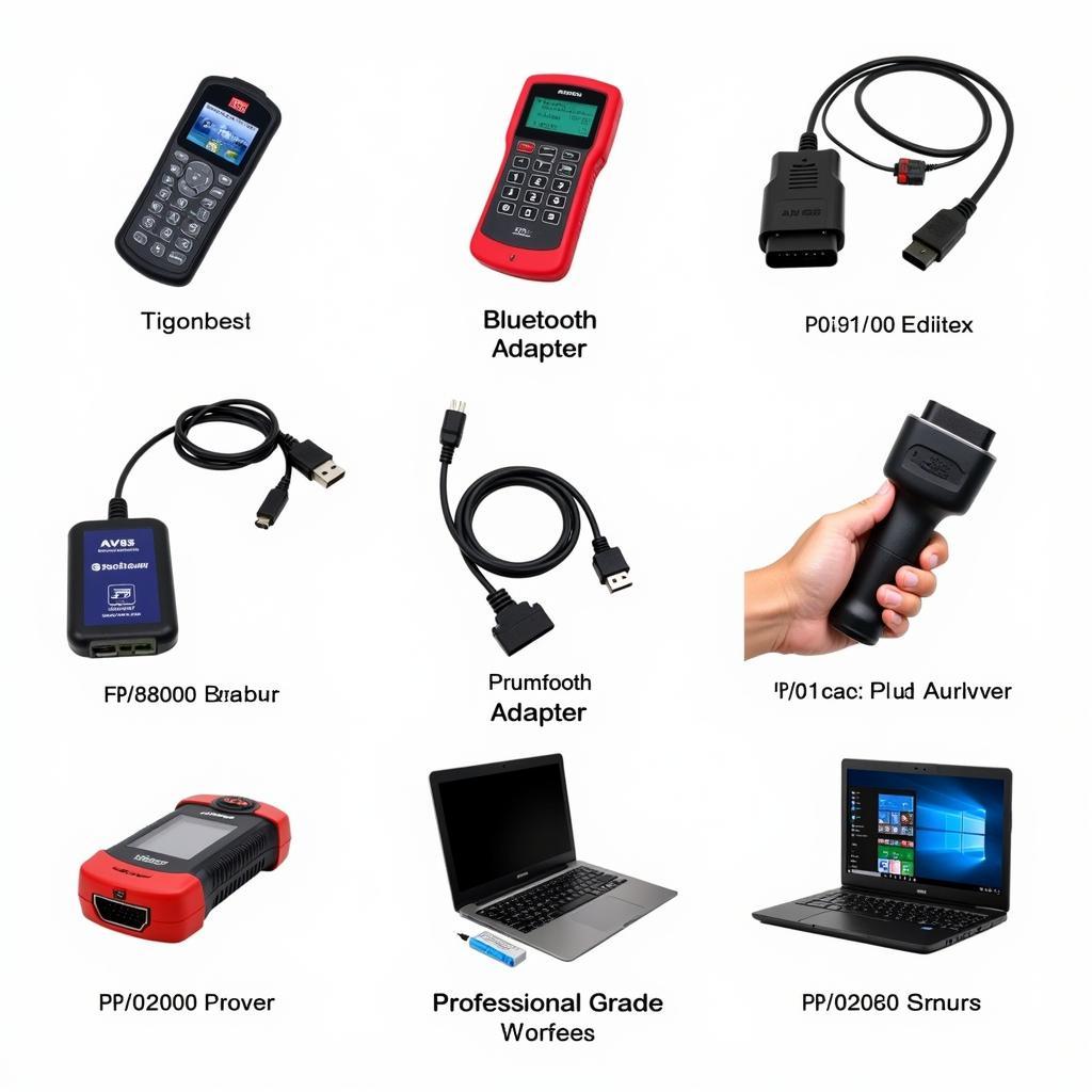 Various pc based car diagnostic tools displayed on a workbench