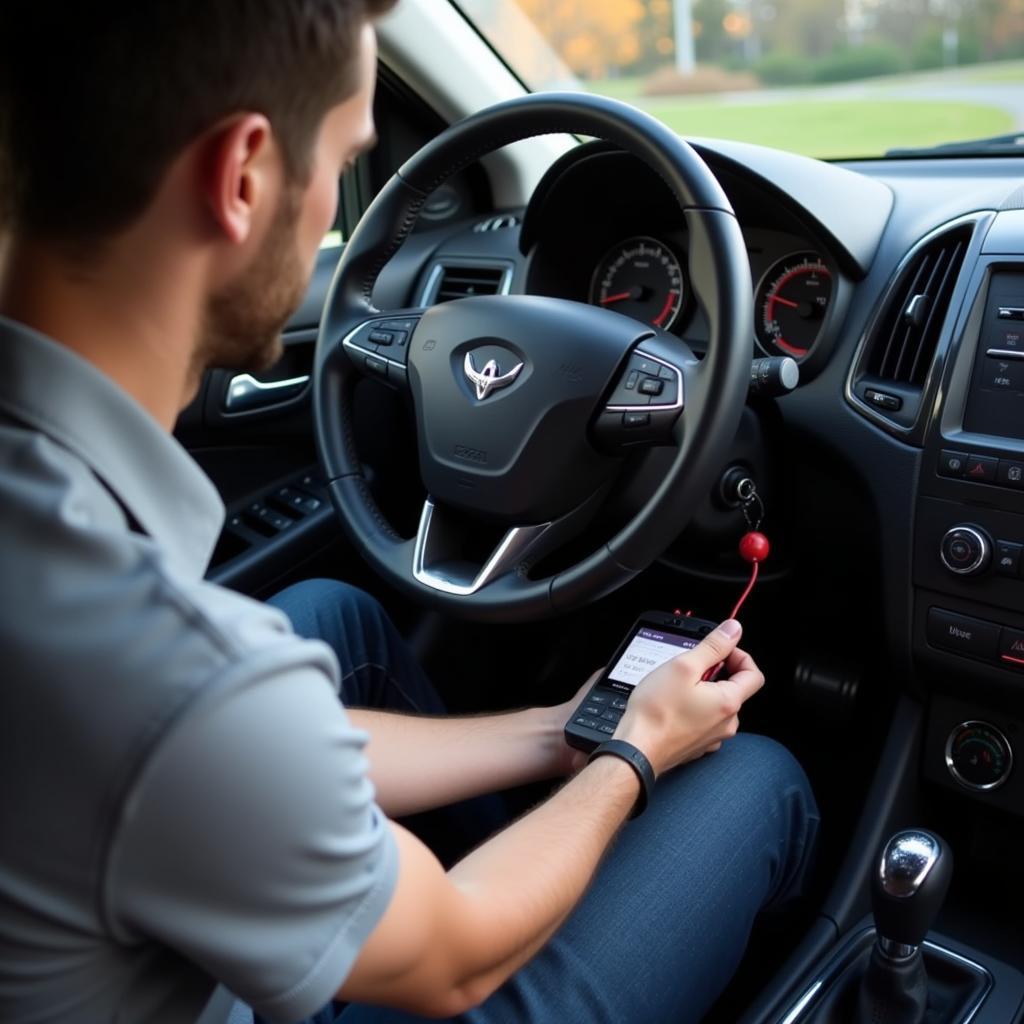 Man using a DIY car diagnostic tool connected to a car's OBD-II port