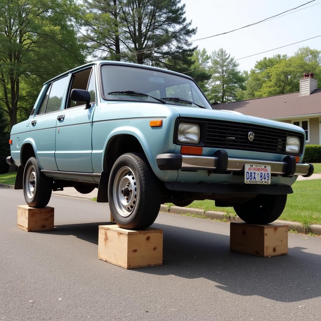 Car Held Up by Wooden Blocks and Duct Tape