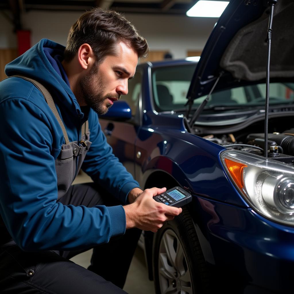 DIY enthusiast using an OBD-II scanner to diagnose car problems in his garage