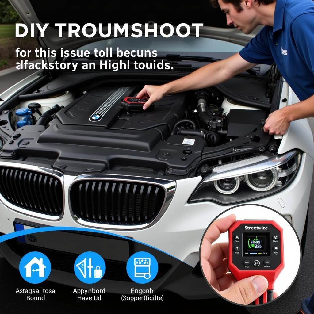 A DIY mechanic using a Streetwize diagnostic tool on a BMW engine.