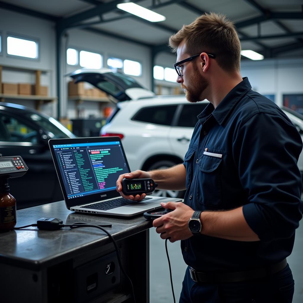 Modern car diagnostics equipment in a Doncaster garage